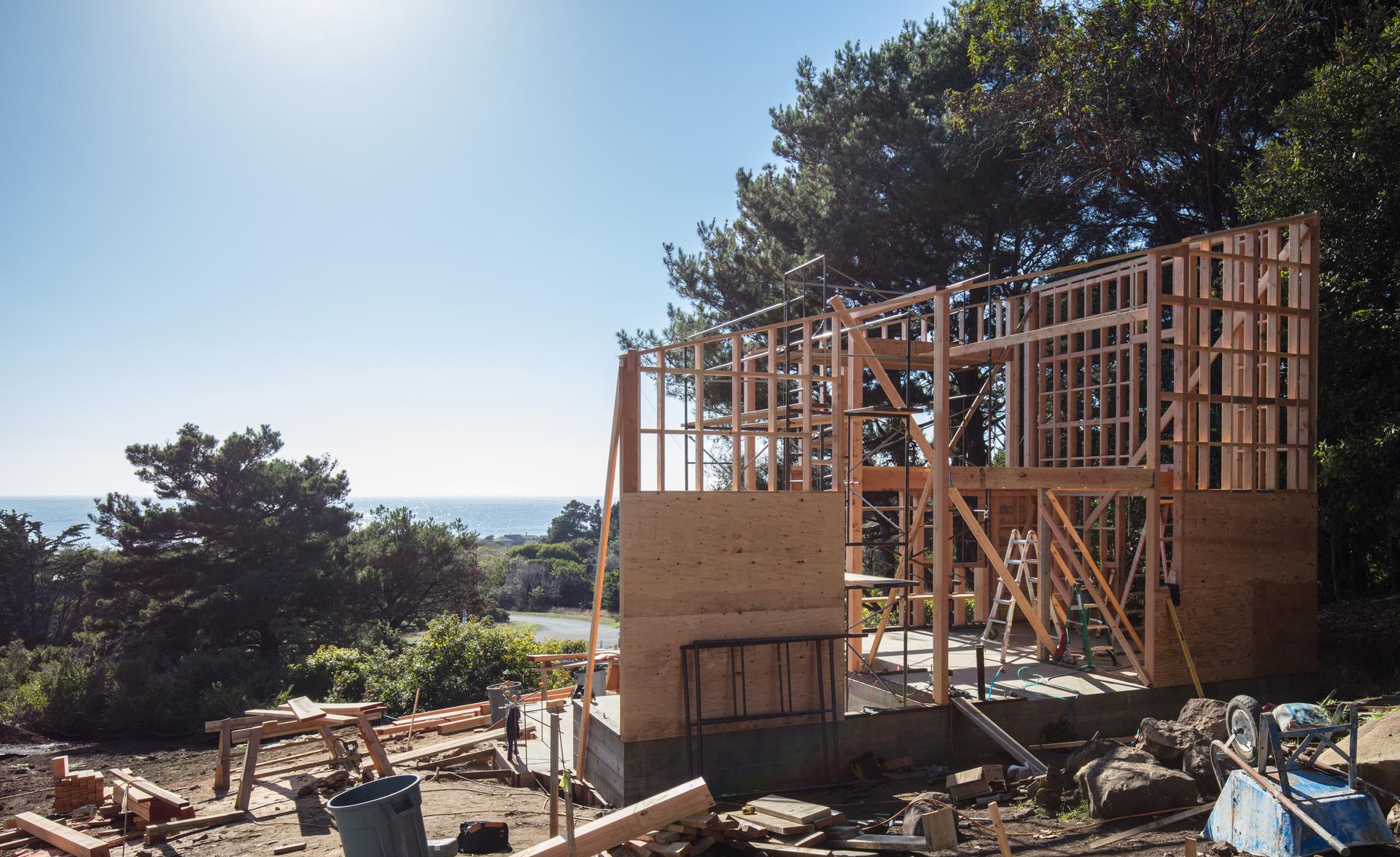 House construction framing in California by pacific ocean